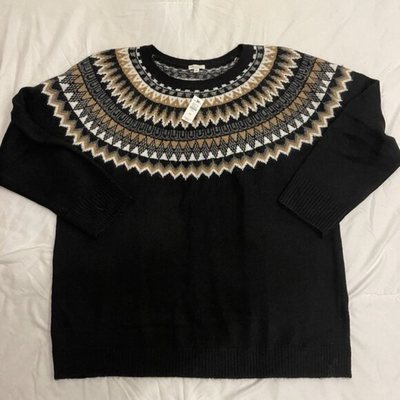 NWT Talbots Sweater 2X Plus Womens Fair Isle Black White Crew Neck Soft Stretch - Picture 1 of 10